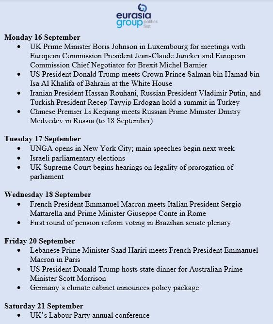 MeredithSumpter's tweet photo. Big week in #politicalrisk with oil up, Boris on the continent angling for last minute Brexit win, UNGA commencing amid #geopoliticalrecession, and Brazil's senate voting on pension reform. Share key events Eurasia Group experts are watching and join the #politicsfirst discussion https://t.co/PGll8rlaEx