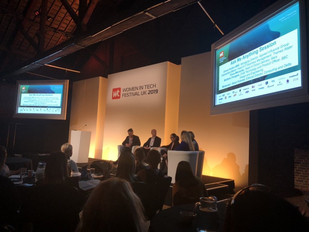 Packed in for Ask Me Anything talk. Submit your questions for <a href="/EmmaDMBE/">Emma Dutton MBE</a> and the panel to mull over in the post lunch session. #WomeninTechFestUK