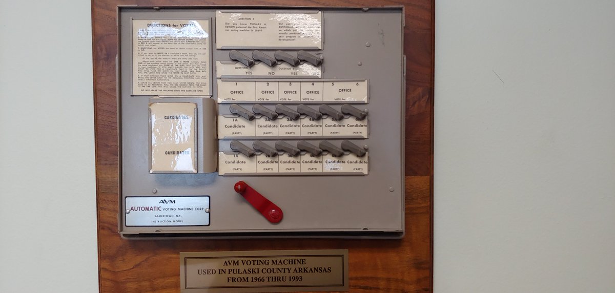 EACgov's tweet photo. .@EACgov Chairwoman Christy McCormick and Commissioner Don Palmer meet with Pulaski County Election Commission to discuss future upgrades to voting systems. Here's a photo of old voting equipment dating back to 1966 in use thru 1993. @PulaskiClerk #PualskiCountyAR #ElectionPrep19 https://t.co/oBhC6mZDDP
