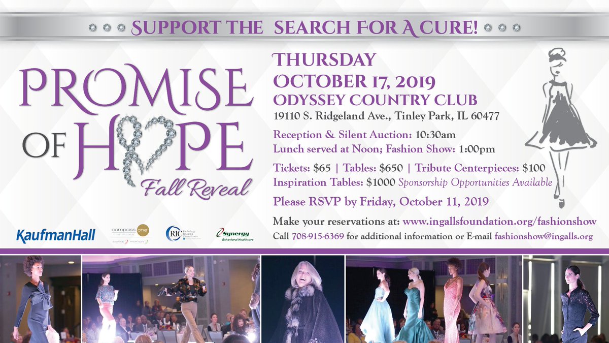 IngallsMemorial (@ingallshealth) on Twitter photo Enjoy an elegant silent auction reception, sit down lunch, compelling speakers and exciting fashions!  A portion of your generous contributions support our community cancer research program at Ingalls.
Contact the Foundation at 708.915.6153 or fashionshow@ingalls.org. Enjoy an elegant silent auction reception, sit down lunch, compelling speakers and exciting fashions!  A portion of your generous contributions support our community cancer research program at Ingalls.
Contact the Foundation at 708.915.6153 or fashionshow@ingalls.org.