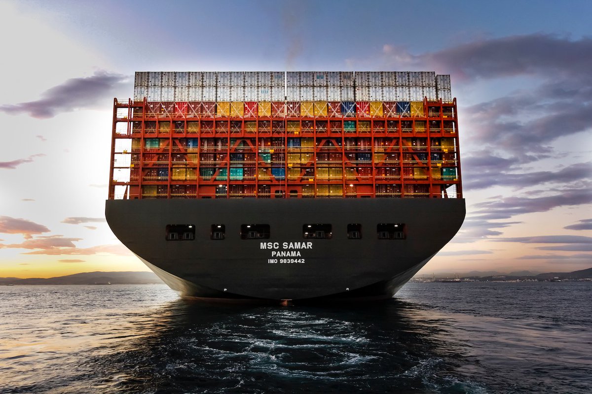 MSCCargo's tweet photo. Please welcome MSC Samar, the 3rd vessel in the MSC Gülsün Class, a series of record-breaking 23K+ TEU vessels. MSC Samar is on her first voyage from Asia to Europe – and later today she will be celebrated at a naming ceremony in Bremerhaven. #MSCSamar #WorldsLargestShip 🚢⚓💛 https://t.co/8n2HHLC2Re