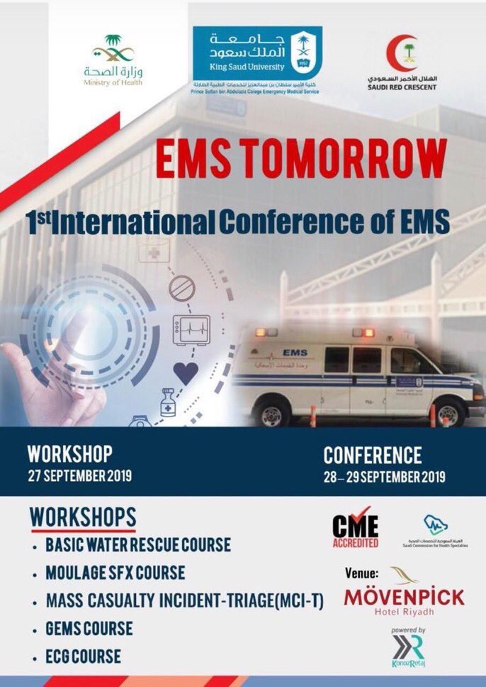 See you in the “#EMSTomorrow” international conference &amp; workshops this #September2019 27 ~ 29 held at #Movenpick Riyadh #SaudiArabia 

<a href="/samialsufi/">Sami Mohammed</a> 

<a href="/emstomorrow/">EMS TOMORROW</a> 

For registration &amp; inquires emstomorrow.org 
 
P.S.C.E.M.S. - KSU webpage: PSCEMS.ksu.edu.sa