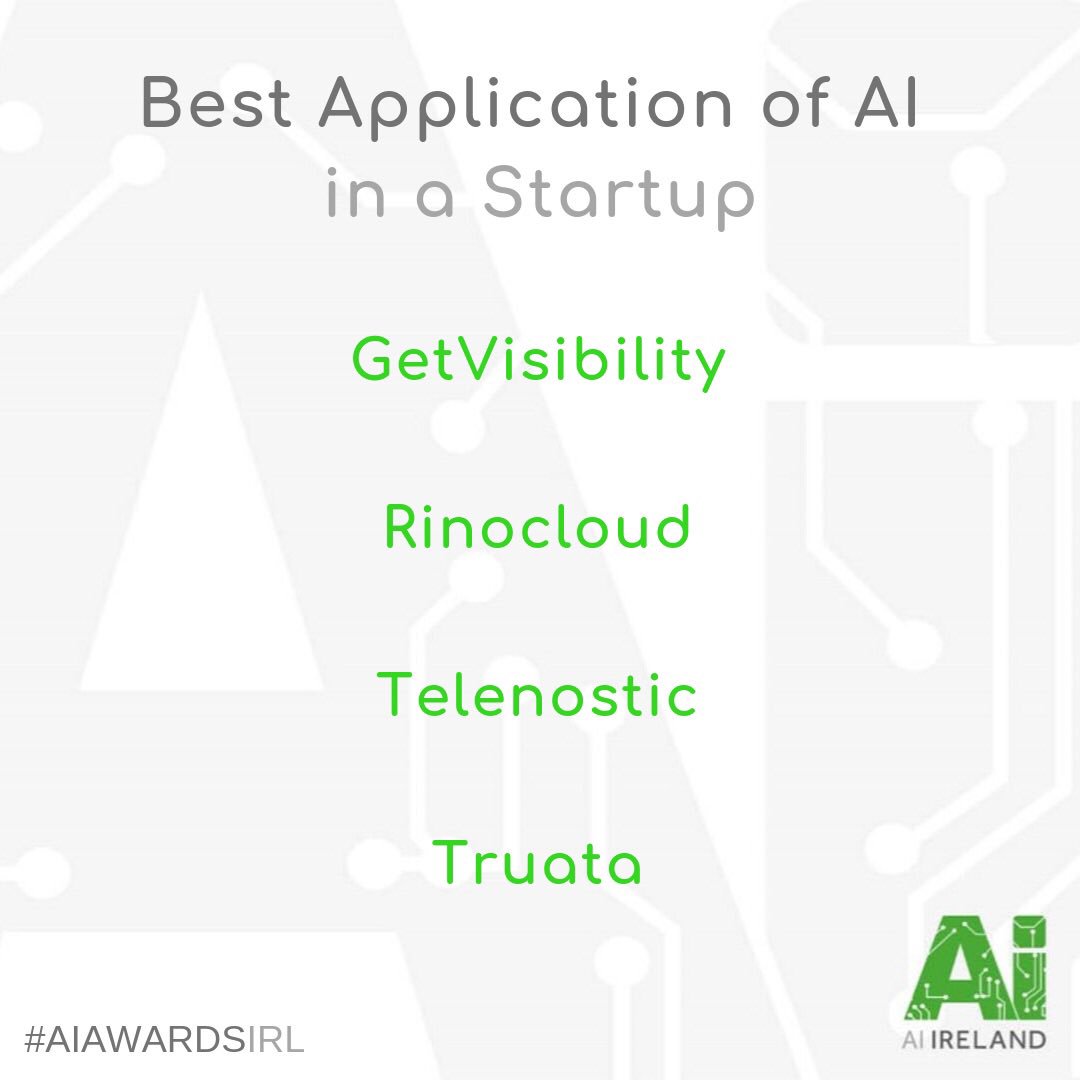 Take a look at this year’s final four in the Best Application of AI in a Startup at the 2019 AI Awards.

Congrats to:
<a href="/Get_visibility/">Getvisibility</a> 
<a href="/Rinocloud/">rinocloud</a>
<a href="/telenostic/">Telenostic Limited</a> 
@Truata1 

#aiawardsirl #aiireland #ai #MachineLearning #DataScience