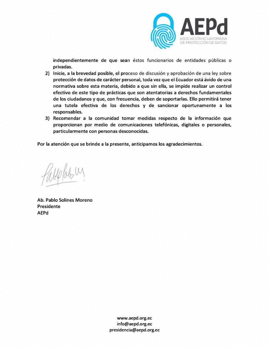 NSC's tweet photo. Pronunciamiento @aepdecu sobre masiva filtración de datos personales. 
Exigimos la protección de acuerdo al art. 66 de la Constitución de Ecuador. Y llamamos a la pronta discusión en la @AsambleaEcuador y aprobación de la Ley de Protección de Datos Personales. #ProteccionDatosEC https://t.co/PBOYta6LdR
