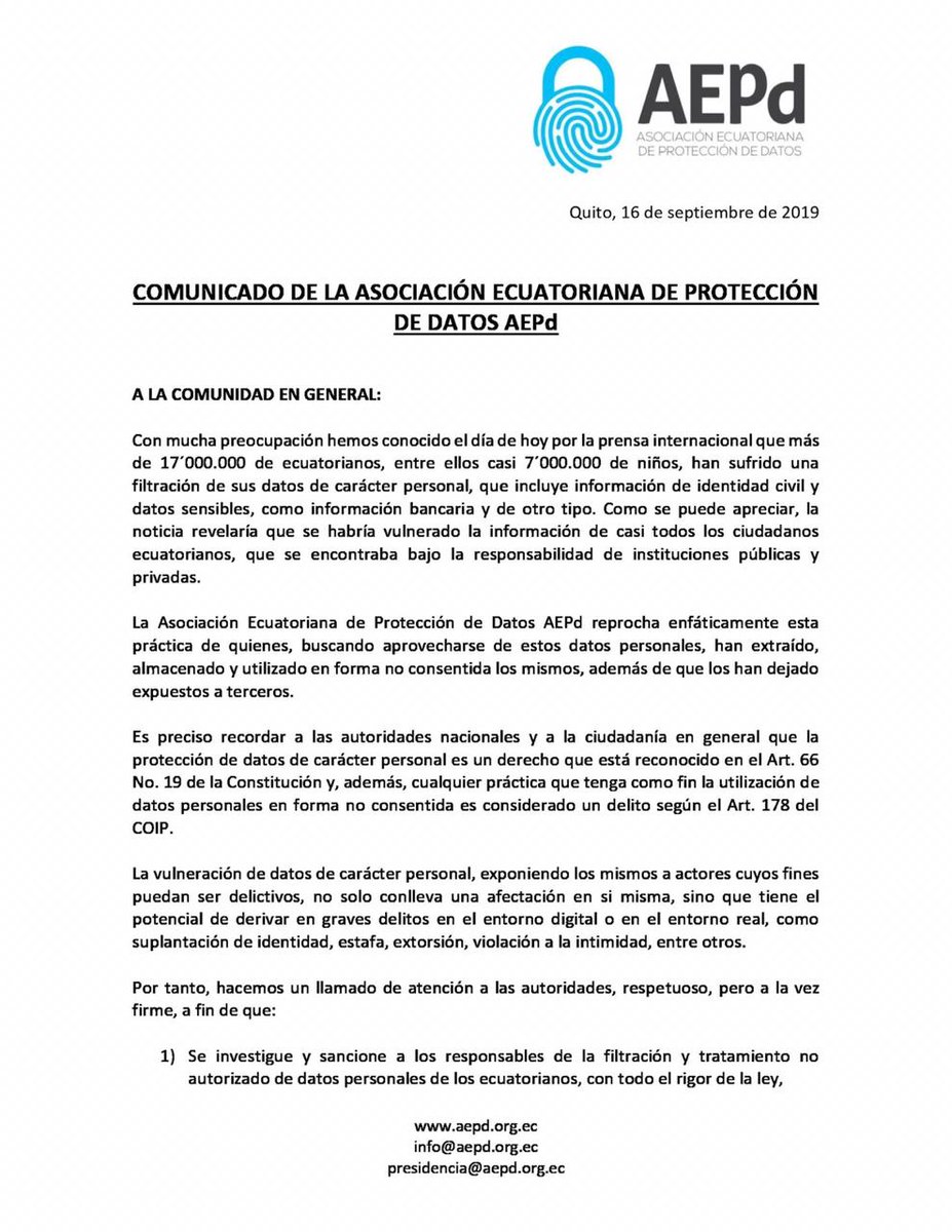 NSC's tweet photo. Pronunciamiento @aepdecu sobre masiva filtración de datos personales. 
Exigimos la protección de acuerdo al art. 66 de la Constitución de Ecuador. Y llamamos a la pronta discusión en la @AsambleaEcuador y aprobación de la Ley de Protección de Datos Personales. #ProteccionDatosEC https://t.co/PBOYta6LdR