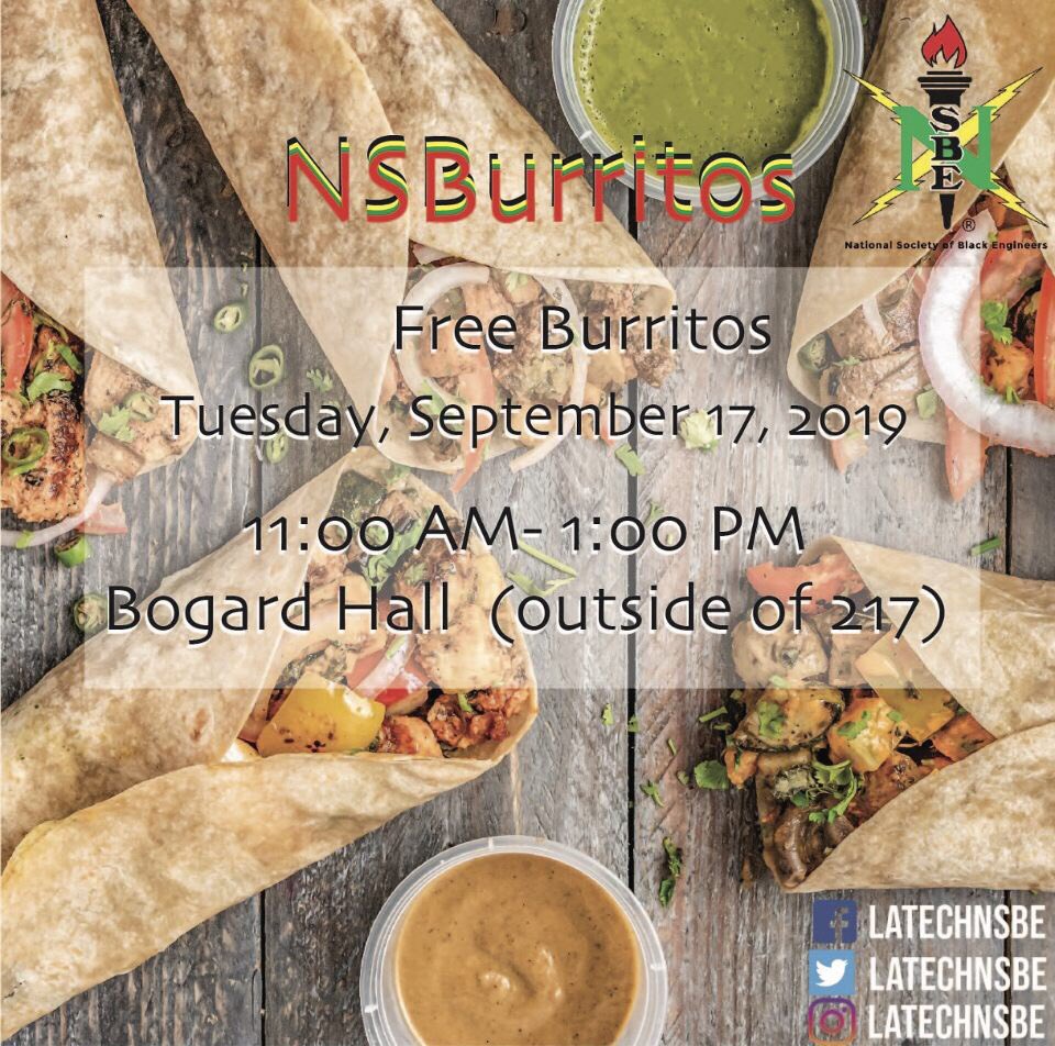 latechblast's tweet photo. NSBE WEEK Tuesday: IT’S TACO TUESDAY! Come and get your free burrito 🌯 in Bogard on the 2nd floor. Also join us tonight for Game night and Study Jams for 7pm- Until in Bogard 304 https://t.co/asviOpOWt6