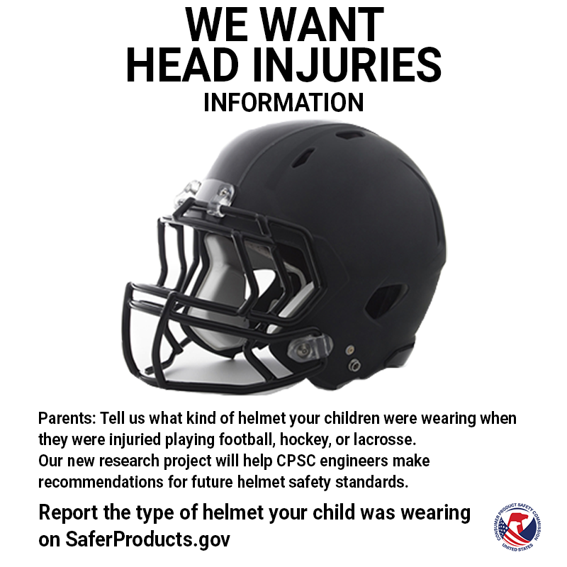 We want head injuries information. A picture of a black football helmet. Parents: tell us what kind of helmet your child was wearing when they were injured playing football, hockey, or lacrosse.