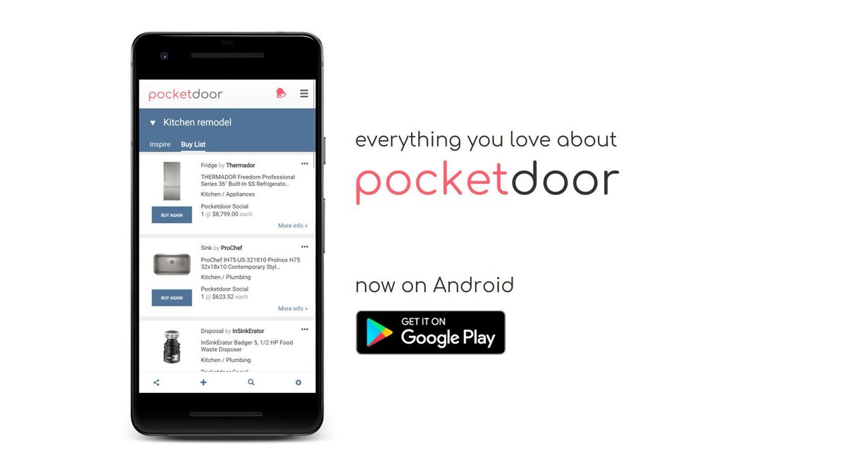 With the launch of our Android app, Pocketdoor now serves Android, iPhone, iPad, desktop Chrome and Firefox!
⠀
Get it for free today! pcktdr.com/android⠀
⠀
#android #design #architecture #remodel #renovation #residential <a href="/Google/">Google</a> <a href="/googlechrome/">Chrome</a> <a href="/GoogleChromeDev/">Google Chrome Dev</a> <a href="/Apple/">Apple</a> 🙂🏠