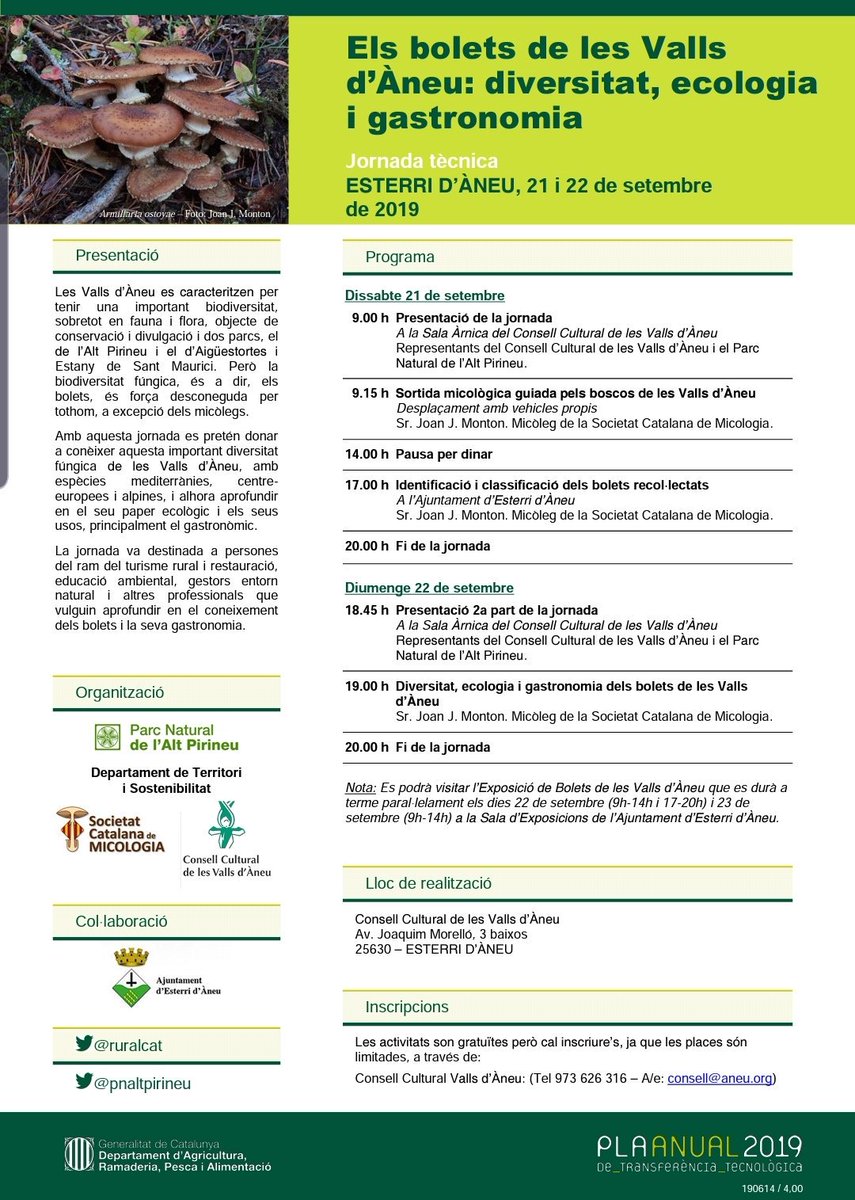 pnaltpirineu's tweet image. 📌🍄Jornada tècnica "Els bolets de les Valls d'Àneu: diversitat, ecologia i gastronomia". #PATT2019
📅21-22/09
🕝9.00h
📍Consell Cultural de les Valls d'Àneu (Esterri d'Àneu)
ℹ️ ☎️973626313 📧consell@aneu.org @ConsellCultural #PNAltPirineu @ruralcat