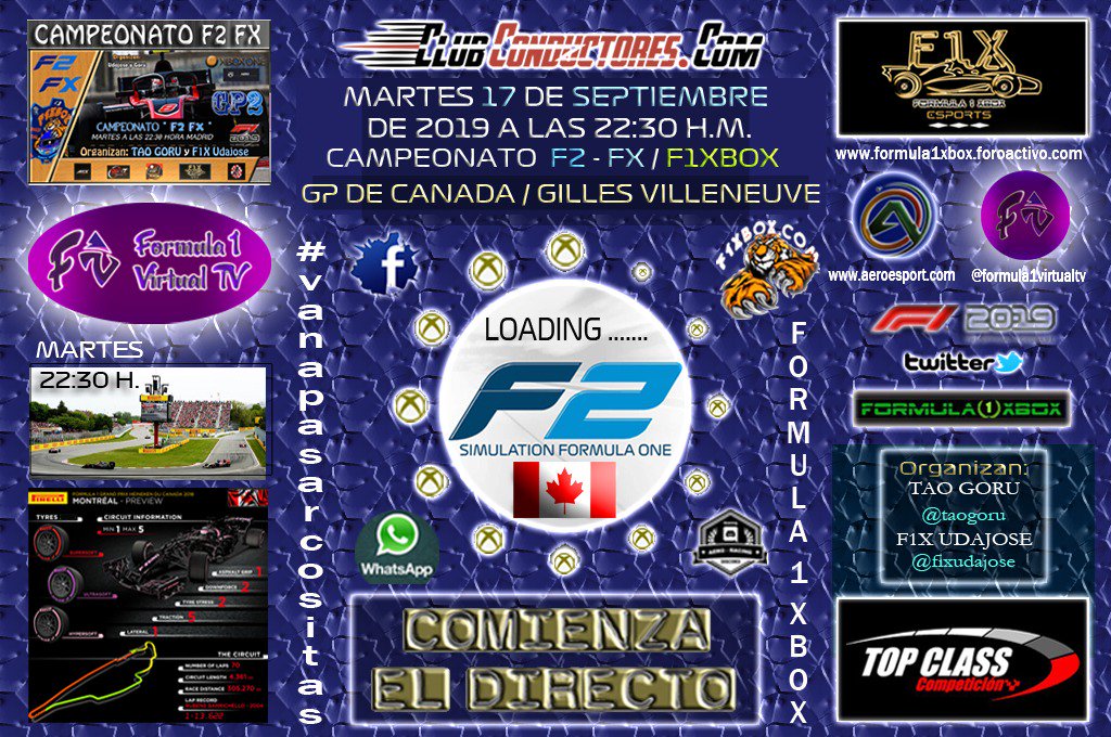 Esta noche 17 de septiembre a las 22:30,nueva entrega del campeonato F2  <a href="/Xbox/">Xbox</a>, gran premio de <a href="/Canada/">Canada</a> con los  monoplazas de f2 y con  el gran comentarista <a href="/formula1virtual/">Formula 1 Virtual</a>  <a href="/cocoloco300/">cocoloco29</a> 
iiiNO OS LO PERDAIS!!😉😉