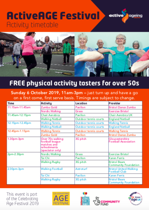 Are you over 50 and up for some fun? 

ActiveAge Festival is a full day of free sport and physical activity tasters for over 50s on Sunday 6th October at Coombe Dingle. 

There will be a wide choice of activities as walking sports, Tai Chi, chair aerobics and nordic walking.