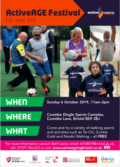 Avonmouth's tweet photo. Are you over 50 and up for some fun? 

ActiveAge Festival is a full day of free sport and physical activity tasters for over 50s on Sunday 6th October at Coombe Dingle. 

There will be a wide choice of activities as walking sports, Tai Chi, chair aerobics and nordic walking. https://t.co/fQEqGCxSL8