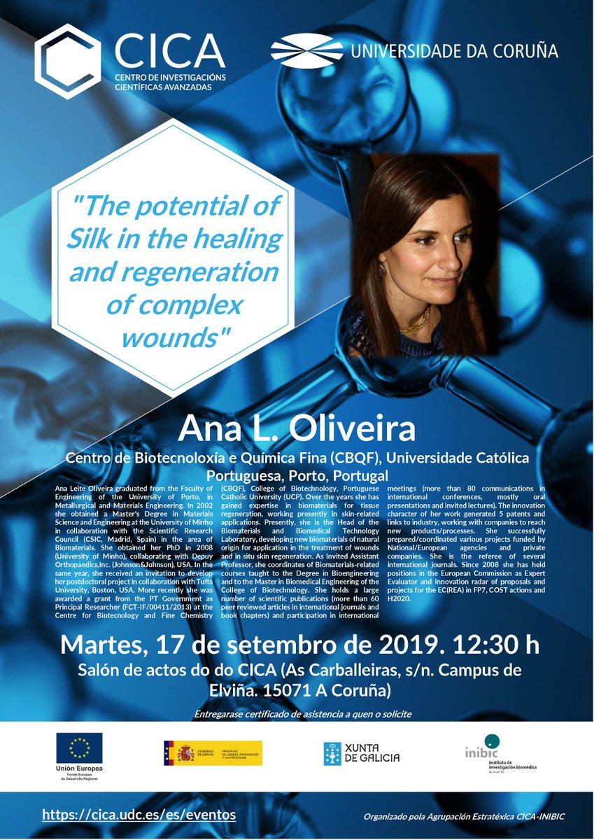 CICAUDC's tweet photo. 📢HOY➡️la Dra Ana L Oliveira de @catolicaporto e @IBEROSNetwork nos hablará de "The Potential of Silk in the Healing and Regeneration of Complex wounds"

➡️12:30h en el salón de actos del #CICAUDC https://t.co/ccPFm0bFQS