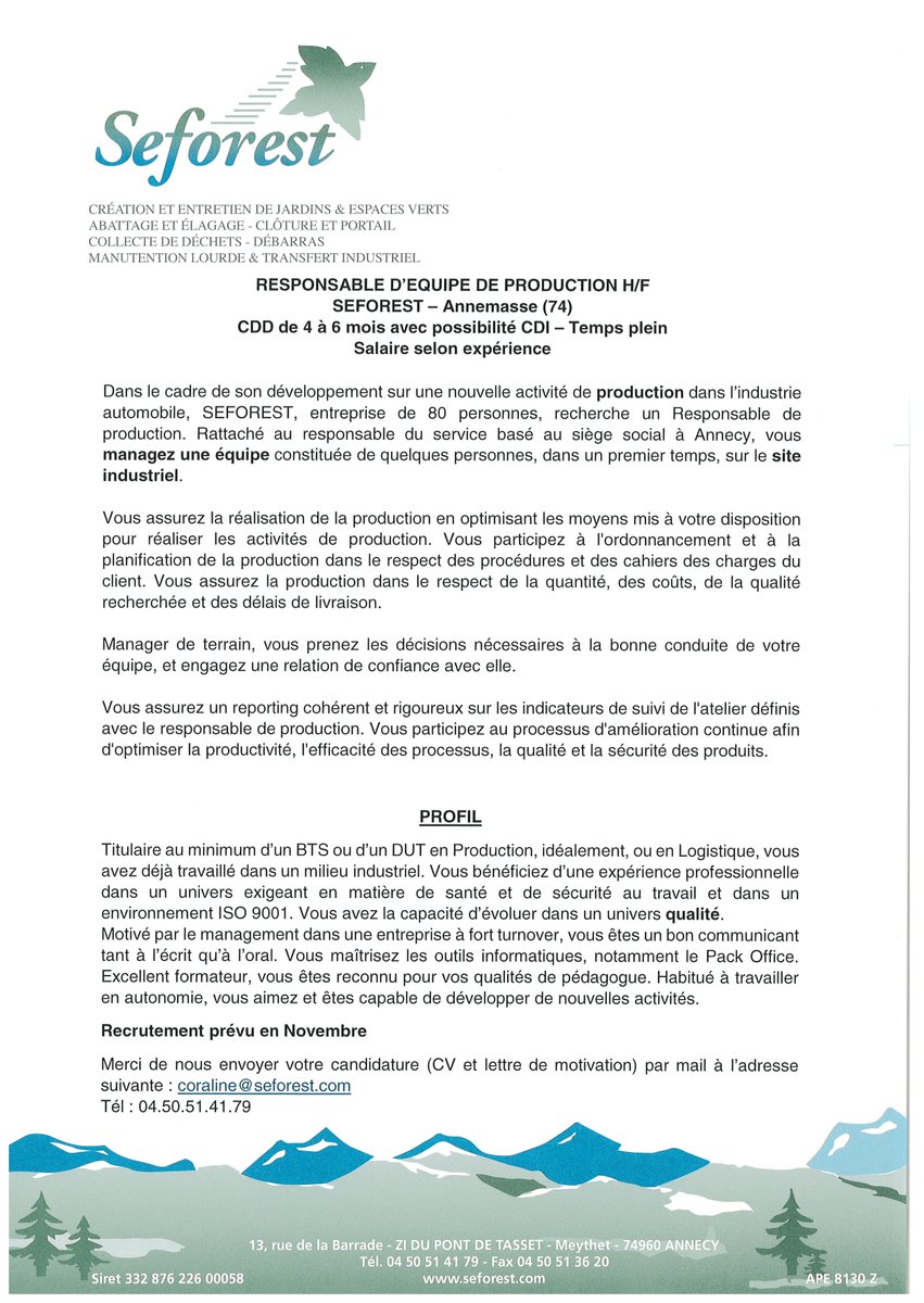 Seforest On Twitter Seforest Recherche Un Responsable D Equipe De Production Dans Le Cadre De Son Developpement Sur Une Nouvelle Activite Dans L Industrie Automobile Recrutement Emploi Ess Annecy Urgent Production Management Annemasse