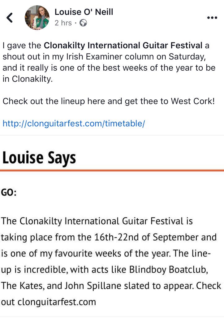 Clonguitarfest's tweet photo. Believe.... 
Thanks to our pal @oneilllo for the shout out! 
Cloich na Coillte Abu!
#clonguitarfest #cigf19 #guitartown #authortown #irishFestival #gfest #louiseONeill #clonakilty #westCork #pureCork #wildAtlanticWay #clon https://t.co/pJKn3Aihzp