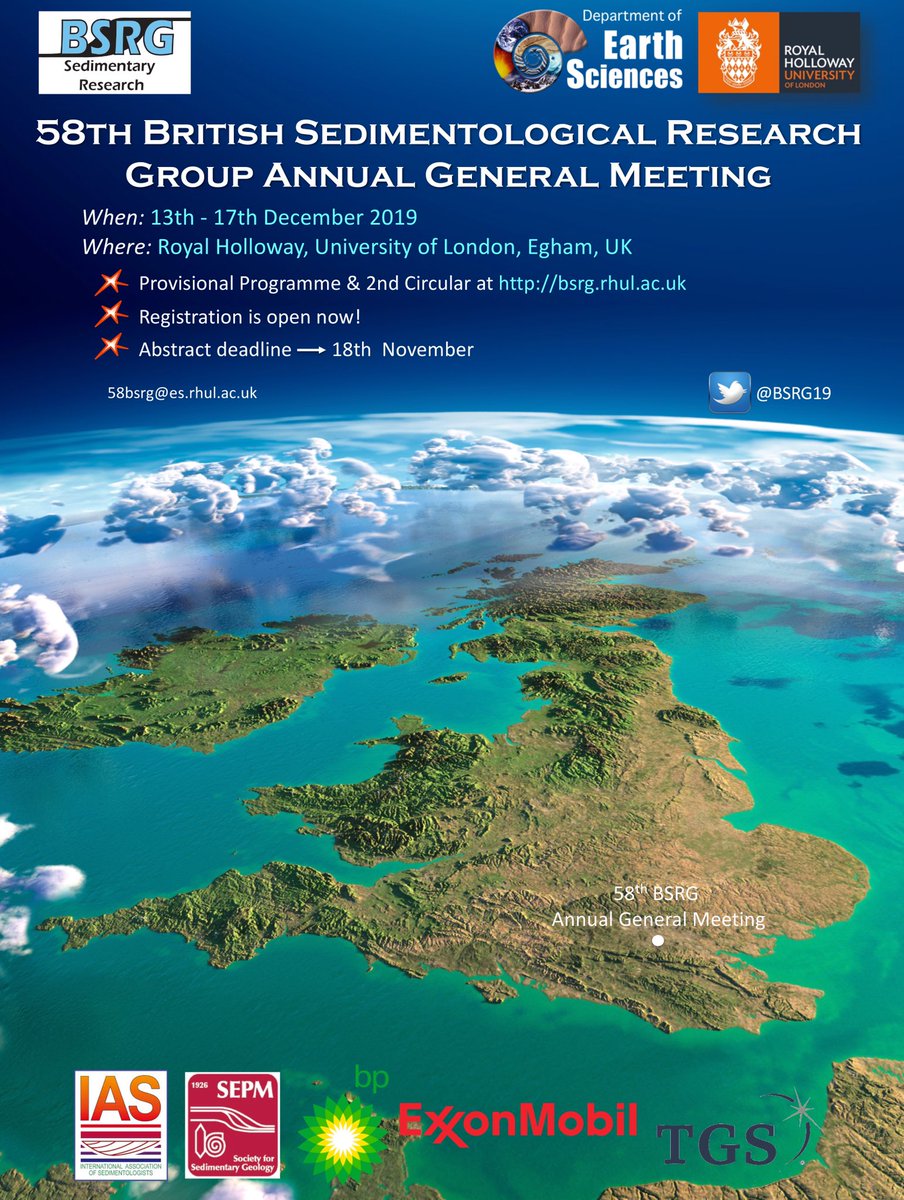 58th BSRG Annual General Meeting (@bsrg19) on Twitter photo Registration is now OPEN for the 58th BSRG Annual General Meeting <a href="/brit_seds/">BSRG</a> at Royal Holloway University of London <a href="/RHULEarthSci/">RHUL Earth Sciences</a> <a href="/RoyalHolloway/">Royal Holloway</a> from 13 to 15 Dec 2019. Deadline for abstract submission will be on 18 Nov 2019.
Go to bsrg.rhul.ac.uk for further details. Registration is now OPEN for the 58th BSRG Annual General Meeting <a href="/brit_seds/">BSRG</a> at Royal Holloway University of London <a href="/RHULEarthSci/">RHUL Earth Sciences</a> <a href="/RoyalHolloway/">Royal Holloway</a> from 13 to 15 Dec 2019. Deadline for abstract submission will be on 18 Nov 2019.
Go to bsrg.rhul.ac.uk for further details.