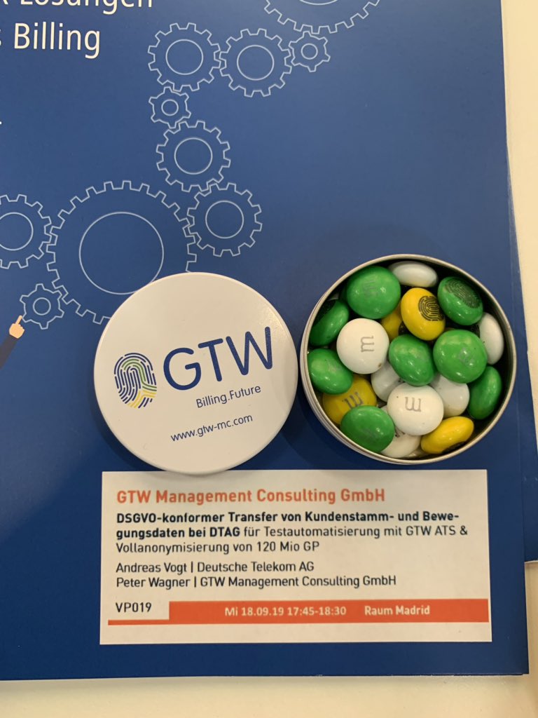 gtw_mc's tweet photo. Morgen Mittwoch 17:45 Vortrag mit DTAG und GTW zum Thema DSGVO und Testdatenbereitstellung. #dsagjk19  @gtw_mc https://t.co/CTH7G6YgG4