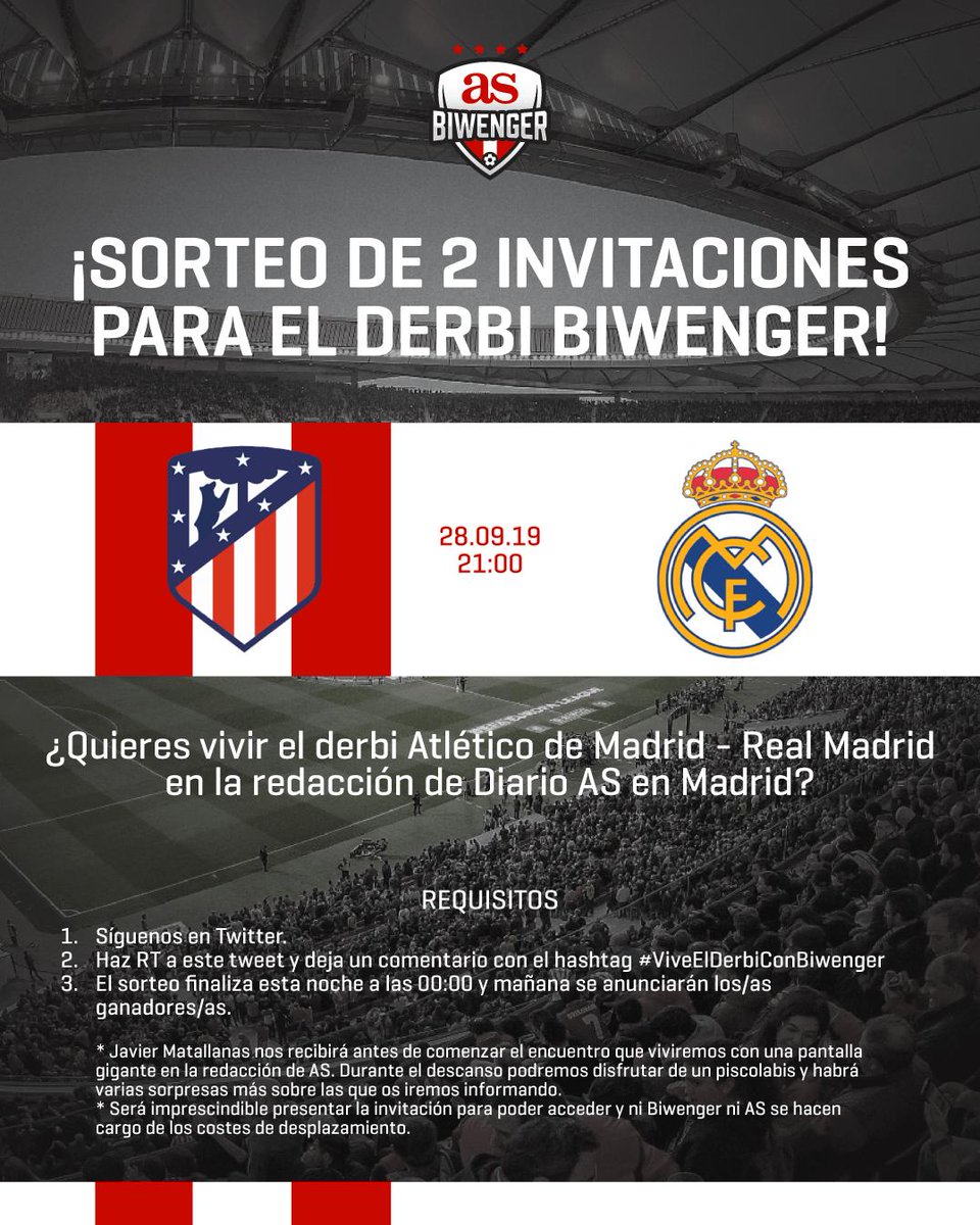 Un At. Madrid - R. Madrid mola, pero en familia mola el doble. ¿Vienes a la redacción de AS para vivirlo junto con otros mánager, colaboradores, personalidades del fútbol y del periodismo, y el equipo de Biwenger? 
¡Participa en nuestros sorteos! 👇
#ViveElDerbiConBiwenger 🔴⚪️