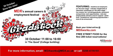 mdxworks's tweet photo. Save the date! 🎉Bigger and bolder 🎉 Gradstock Festival returns to @MiddlesexUni on Wednesday 30 October 2019 with a wide range of #career related activities for ALL MDX STUDENTS AND GRADUATES! Find out more and book your place here https://t.co/Ae0MmJEOl8  @MDX_Alumni https://t.co/SVJrNyMXfA