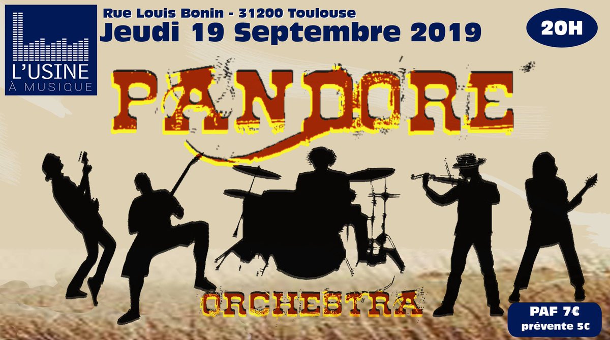 Venez à découvrir Pandore Orchestra (Antibes) le 19 septembre 2019 à <a href="/Lusineamusique/">L'Usine à Musique</a> dès 20h, en tournée exceptionnelle dans le Sud-Ouest! 😉
#PunkFestif #PunkRock #RockMélodique
PAF : 7€ sur place/ Prévente 5€ ici: billetweb.fr/pandore-orches…