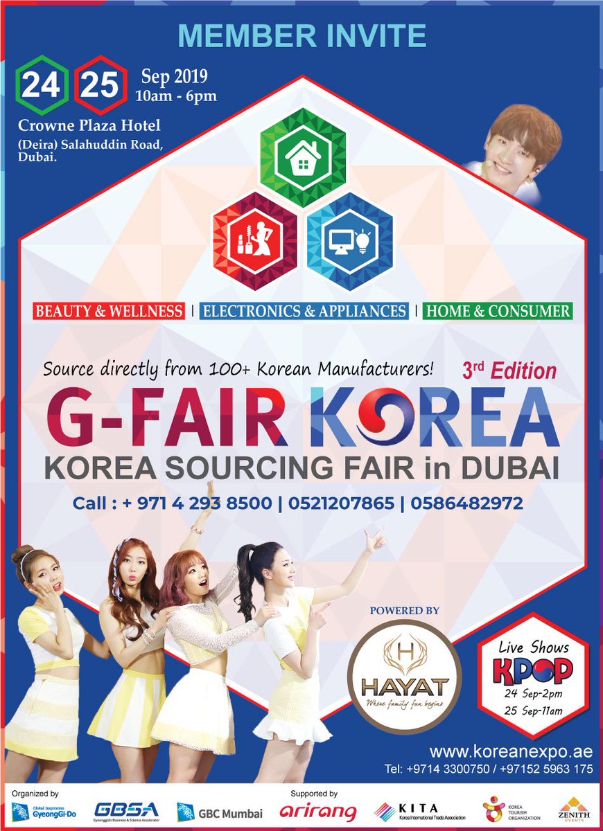 We are extremely pleased to bring forward this special corporate / business event, along with entertainment  accomplishments.

#Hayatvacations #KPOP #Korea #Dubai #GFAIR #Vacations #Events #Holidays #Popshow #Membersinvite #Liveshow #Crownplaza