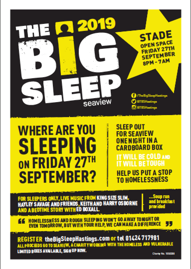 Where are you sleeping on the 27th September? We'll be on the Stade, so why not come and join us? 
We're raising much needed funds for <a href="/SeaviewProject/">Seaview</a>  to help those living on the margins of society enjoy happier and healthier lives.
#BigSleepHastings
#Hastings