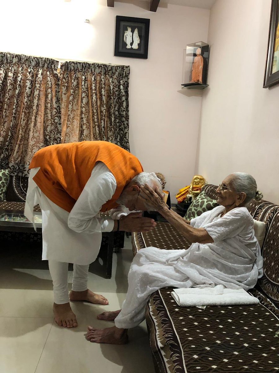 narendramodi177's tweet photo. @narendramodi Prime Minister @narendramodi today on his birthday spent time with his mother and relished food made by his mother. Photos out of their living room in Gujarat. https://t.co/zJnG8knScI