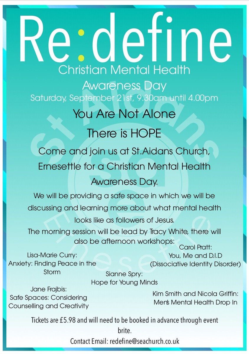 PlymTogether's tweet photo. There is still time to get your ticket for SEA Church Christian mental health event 'Re:Define' on Saturday. 
This event is a great opportunity to discuss &amp; learn more about what #mentalhealth looks like as a follower of Jesus 

https://t.co/uah7KVmjHU
#faith #Plymouth https://t.co/hRNLWYey6O