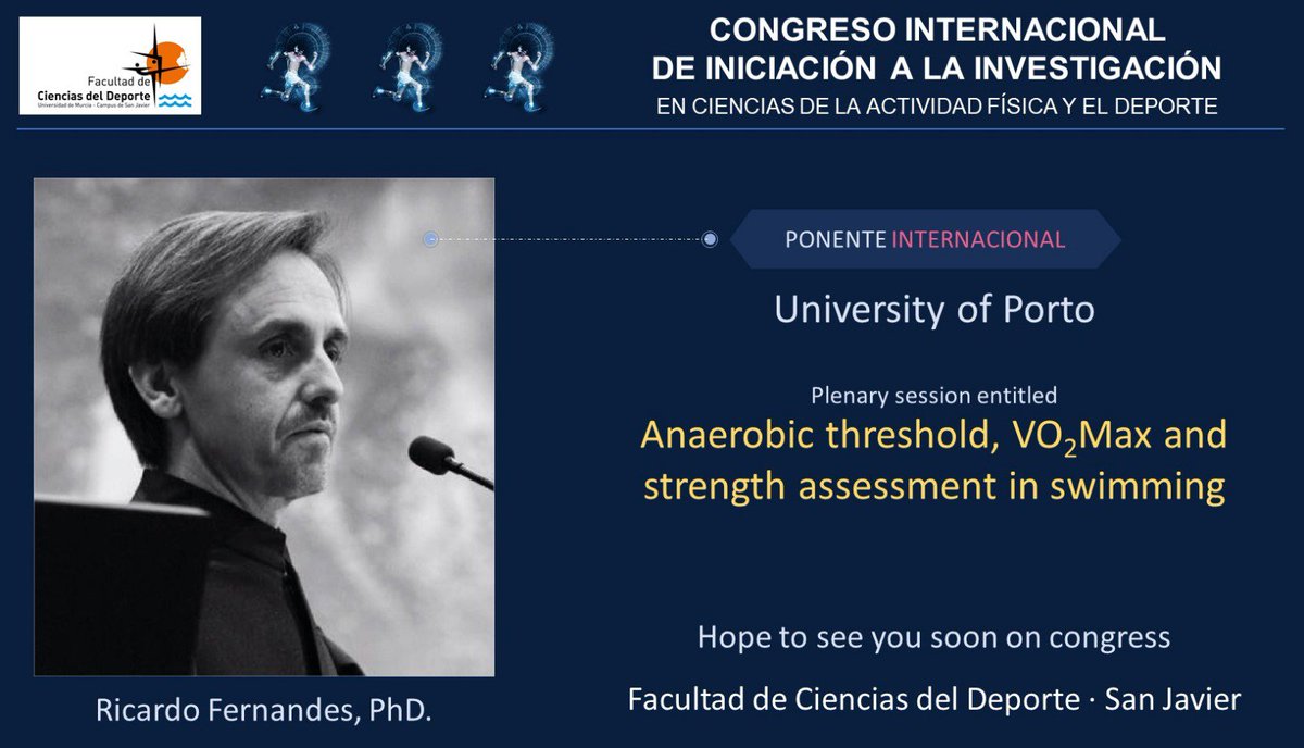 Ponentes excepcionales para nuestras sesiones Plenarias en el  Congreso Internacional en CC del Deporte de nuestra <a href="/umucafd/">CAFD UMU</a> <a href="/UMU/">Universidad Murcia</a> 

FATmax en el rendimiento deportivo y salud <a href="/iara_royo/">Ignacio Ara Royo</a> 

Umbrales y VO2max en natación <a href="/RicferJ/">Ricardo J. Fernandes</a> 

Meta-analysis en biomédica Steffl M @UniKarlovajes