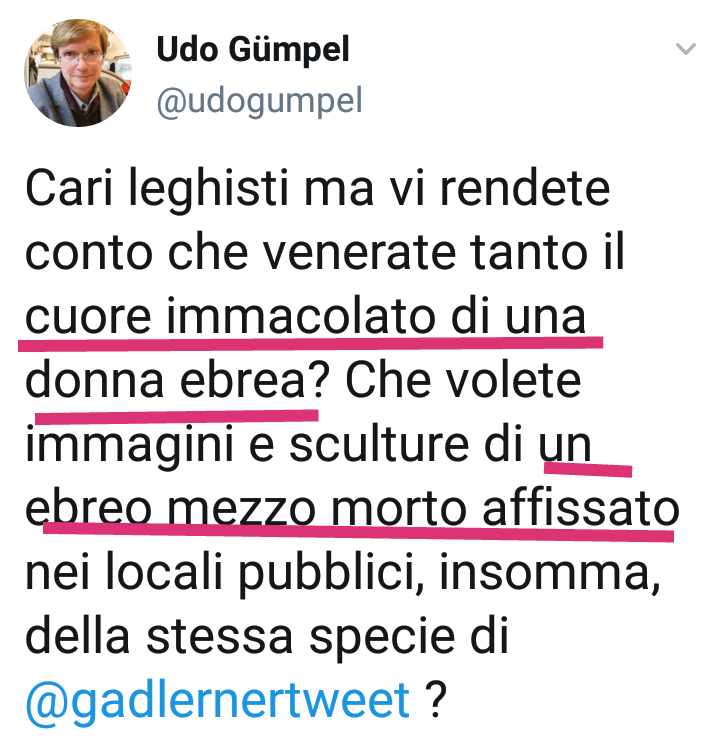 Finché insulta un leader politico,o partito lo possiamo mandare AFC ma finisce lì.
Qui ha ingiuriato Nostro Signore e la Madonna definendo Gesù UN ebreo MEZZO MORTO come fosse uno qualunque e ridicolizzato il culto di Maria con la spocchia del nazista  quale è.
Fa schifo