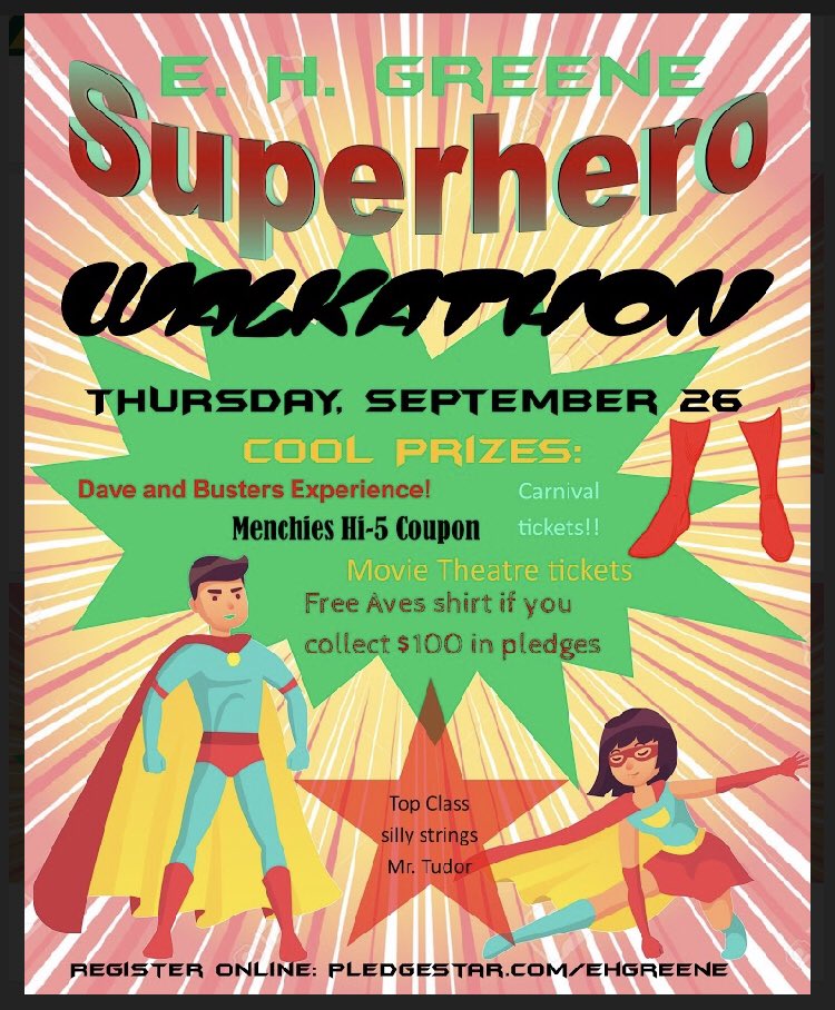 FamiLee007's tweet photo. @EHGreeneSchool @mtudor30 
Our Superhero Walkathon is off to a great start!! First turn in this Friday 9/20! Signup on PledgeStar to get your pencil buddy! Raffle Baskets w/Superhero bobble head, 10 pledges = 5 EHGreene Carnival tickets!! https://t.co/zoCnpkVYFH