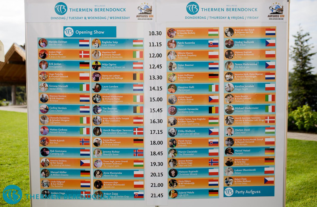 Zie hier het programma van het WM Aufguss bij Thermen Berendonck. Prachtige shows de komende dagen hoor! Ben jij erbij?
