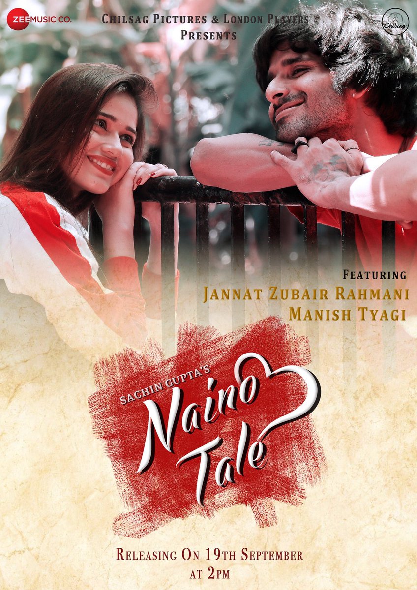 A song filled with happy tunes will be out on 19th Sept at 2:00 PM! @sachingupta1208's  #NainoTale ft. @JannatZubair_  & #ManishTyagi sung by @AseesKaur  & #ShivangMathur 
@chilsagpictures #ShayaraApoorva #CanvasColorsOfficial #jannatzubair -#Bollywood @Stardom22ent