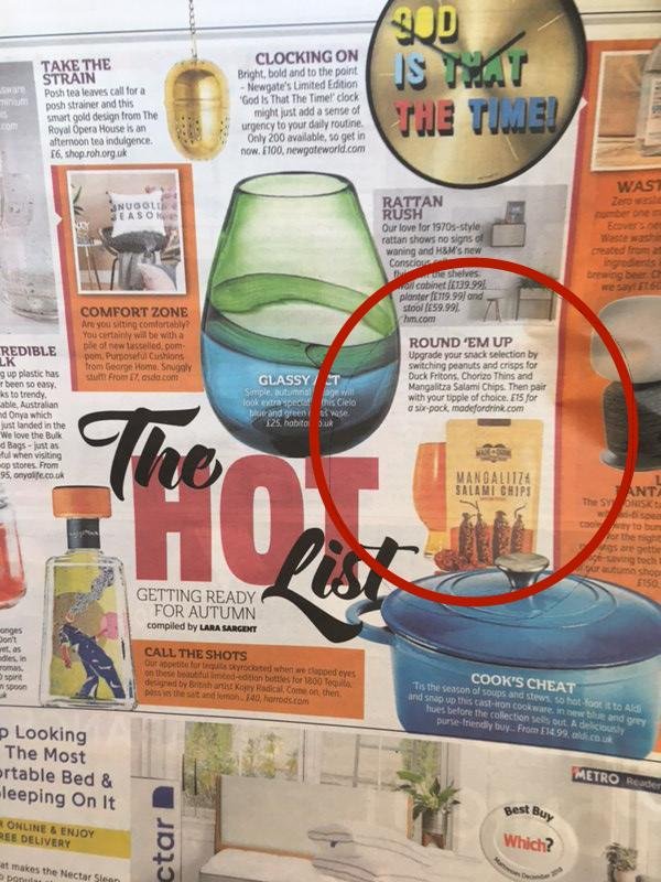 GCthinking's tweet image. What's hot? Today's Metro recommends Made for Drink's delicious snacks on it's 'Hot List' for this Autumn 😋👍
#snacks #barsnacks #drinks #premium #pairing