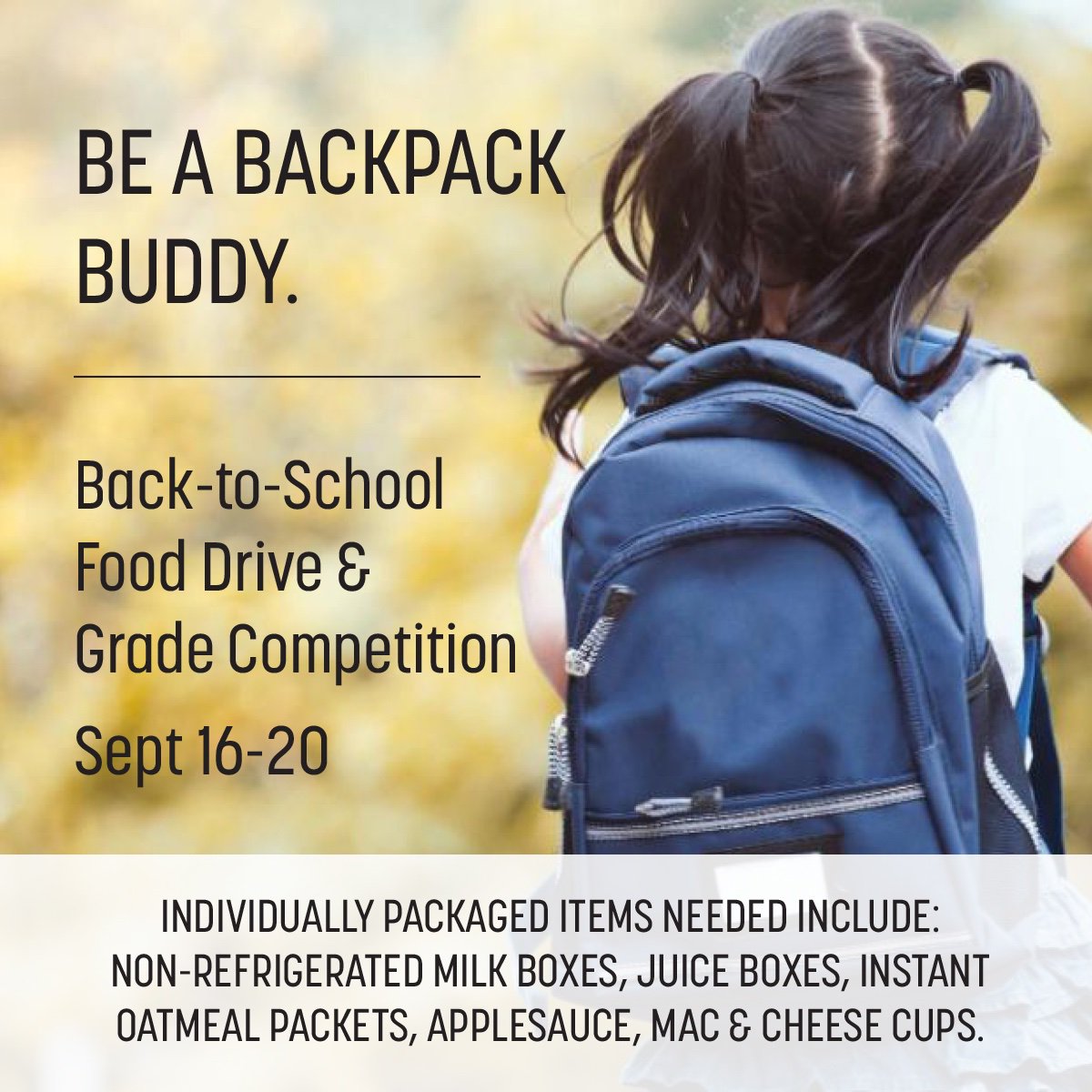bvepta's tweet photo. Backpack Buddies provides weekly food care packages for BV families in need, &amp; this week kicks off our grade competition! The winning grade will be announced on BVTV &amp; granted extra recess. Donations can be dropped off in the Atrium. @bvistaes #buenavistabobcats https://t.co/ToyVTsuJGd