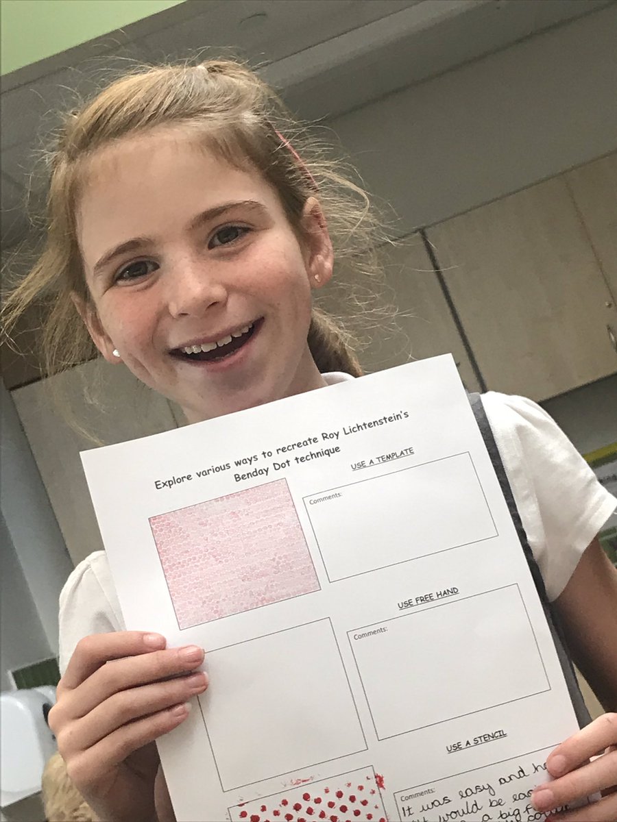class5dps's tweet image. @DartonPrimary we’re trialling different ways to recreate Roy Lichtenstein’s Benday Dot technique - we’re using a template with pencil crayon, a felt tip pen and ruler, and stencil with acrylic paint! #DPS_art