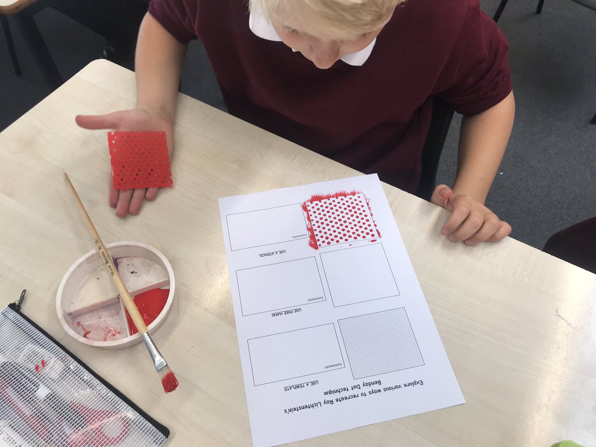 class5dps's tweet image. @DartonPrimary we’re trialling different ways to recreate Roy Lichtenstein’s Benday Dot technique - we’re using a template with pencil crayon, a felt tip pen and ruler, and stencil with acrylic paint! #DPS_art