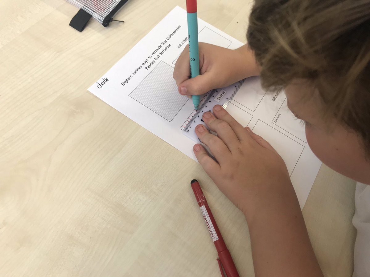class5dps's tweet image. @DartonPrimary we’re trialling different ways to recreate Roy Lichtenstein’s Benday Dot technique - we’re using a template with pencil crayon, a felt tip pen and ruler, and stencil with acrylic paint! #DPS_art