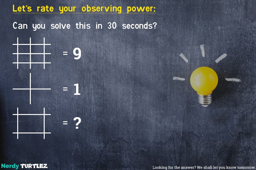 nerdyturtlez's tweet photo. Can you solve this in 30 seconds?

Looking for the answer?

We shall let you know tomorrow. https://t.co/JcKPigIlk5