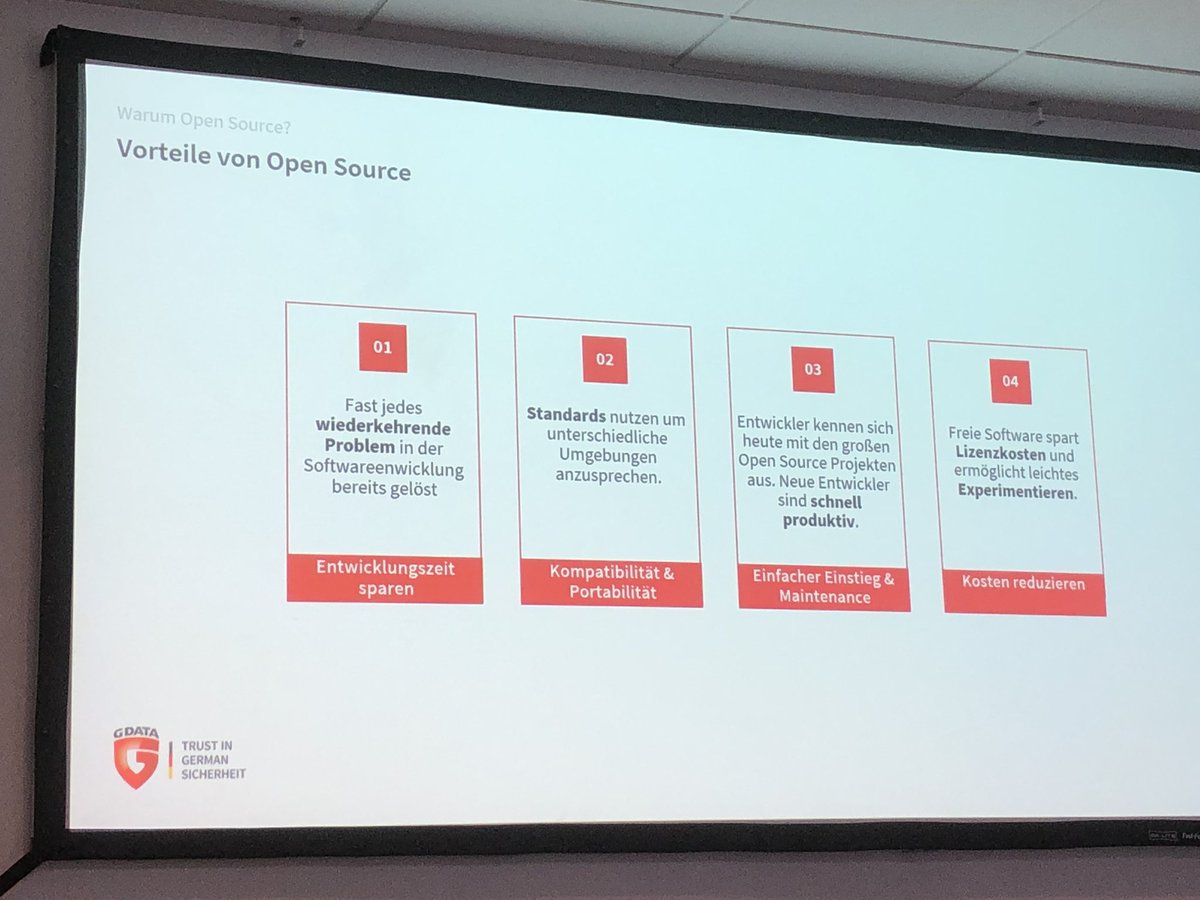 holgerkoch's tweet photo. Vorteile von #opensource aus der Sicht von @GDataSoftwareAG #bfoss19 https://t.co/2EvSMdeMXt