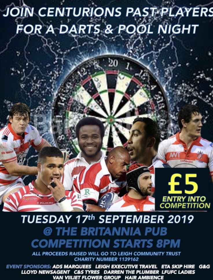 Tonight’s darts night <a href="/BritanniaLeigh/">Britannia Pub Leigh</a> with the @LeighCenturions past players confirmed so far <a href="/PeteMatautia/">PeanutMatautia</a>, <a href="/Kbones_p/">Kieron Purtill</a>, <a href="/HansenHarrison/">Harrison Hansen</a>, legend Dessy Drummond, Dave McConnell, Paul Norman, Ian Mort and our very own legends Mick Nanyn and Steve Maden.