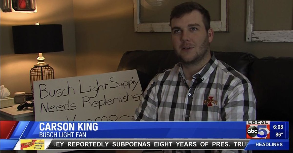 darrenrovell's tweet photo. Iowa State fan Carson King, who asked fans in College GameDay sign to Venmo him money for Busch Light, gets nearly $6,000, is donating it to Children’s Hospital instead  https://t.co/1OjcABmJBd https://t.co/3DJI9PrHN1