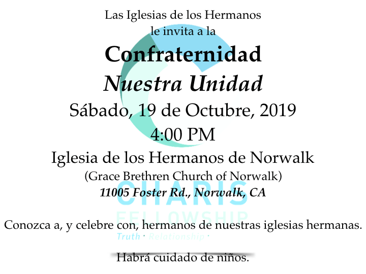 Grace_Churches's tweet image. Confraternidad
Nuestra Unidad
sábado, 19 de octubre, 4:00 – 7:00 p.m. Lugar: Iglesia de los Hermanos de Norwalk (Grace Brethren Church in Norwalk)
11005 Foster Rd. Norwalk, CA 90650 gracechurchesnetwork.org/2019/09/confra…
