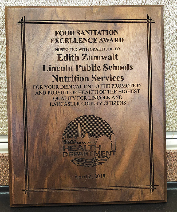 LPSMenus's tweet photo. Edith Zumwalt, Director of Nutrition Services was presented the Food Sanitation Excellence Award. Given by the Lincoln-Lancaster Board of Health, the award recognizes organizations for exceptional inspection scores, cleanliness of operations &amp; excellent food handling practices. https://t.co/qh7CT9l1Y2