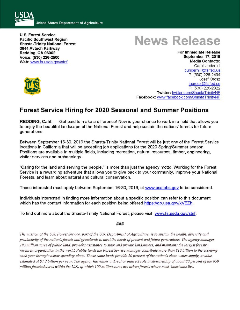 ShastaTrinityNF's tweet photo. Join our team on the #ShastaTrinityNF! 2020 Temporary Non-Fire Hiring Opportunities Open September 16-September 30, 2019. Apply at https://t.co/fAigZpQ2FO and find out more about specific jobs here: https://t.co/QNHko8gY0g #WorkForNature #ForestServiceJobs https://t.co/1mwwcLEcDA