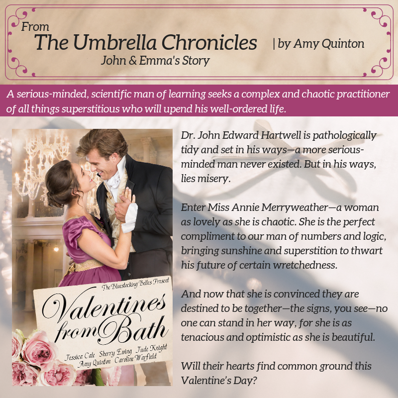 The Umbrella Chronicles: John and Emma's Story: A scientific man of learning seeks a chaotic practitioner of all things superstitious who will upend his well-ordered life. 25% of proceeds benefit the #Malala Fund. #bellesinblue #ReadaRegency #99¢ ow.ly/THfy30pmHC9