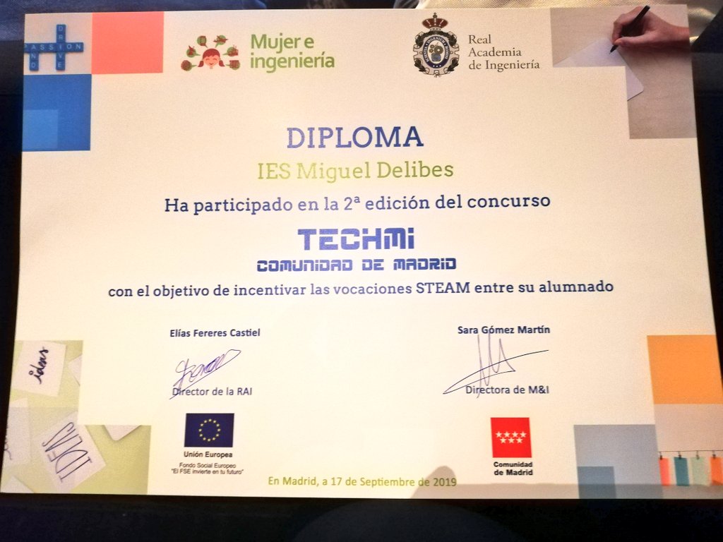 Gracias a la Real Academia de Ingeniería y su proyecto <a href="/Mujeringenieria/">Mujer e Ingeniería</a> por el diploma por nuestra participación en el concurso TECHMI. #STEM #STEMadrid