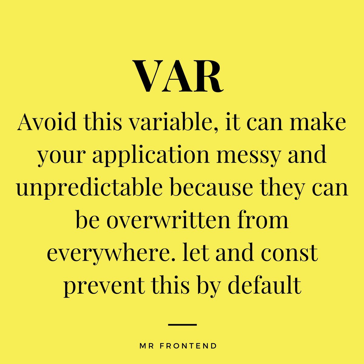 devbyrayray's tweet photo. 💻 How JavaScript scoping works with var, let and const variables
* const: try to use this const variable everywhere you can
* let: If the value of the variable needs to be changed
* var: Avoid this variable
#learntocode #100daysofcode #codenewbie #javascriptlesson #javascript https://t.co/4M9jS9rLBj