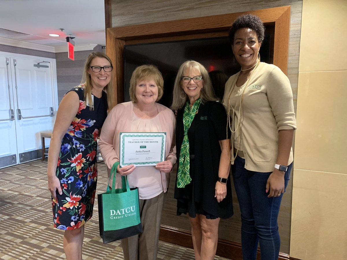 LakeDallasISD's tweet photo. We are proud to announce that the September @DATCU Teacher of the Month is Anita Powell - @SSEFalcons 1st grade teacher! She was recognized at the Lake Cities Chamber lunch by Pat Sherman &amp; Staci Wallace #FalconProud #BetterTogether https://t.co/5RtEQ7FT2y