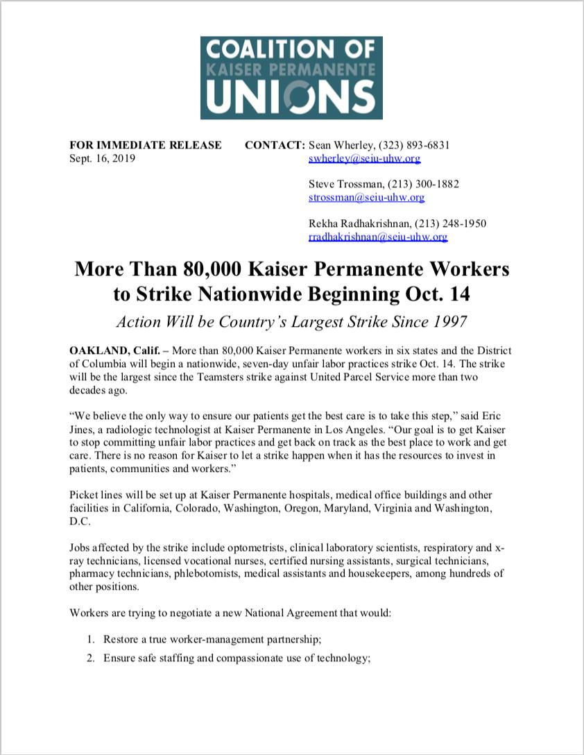 KeepThriveAlive's tweet photo. RELEASE: More Than 80,000 Kaiser Permanente Workers to Strike Nationwide Beginning Oct. 14 https://t.co/NrOTaX1ZeF